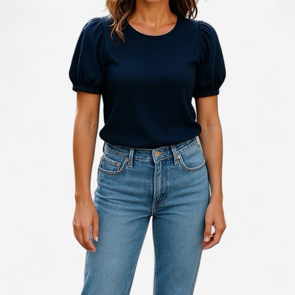 J.Crew | 2023 Vintage Rib Puff-Sleeve Top Size Large Navy Blue BP085 Cotton - Picture 1 of 10